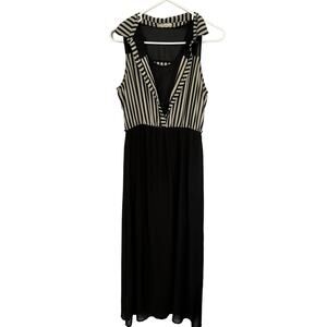 freebird Sleeveless Maxi Dress Approx Size Small Black & Beige Striped Collared
